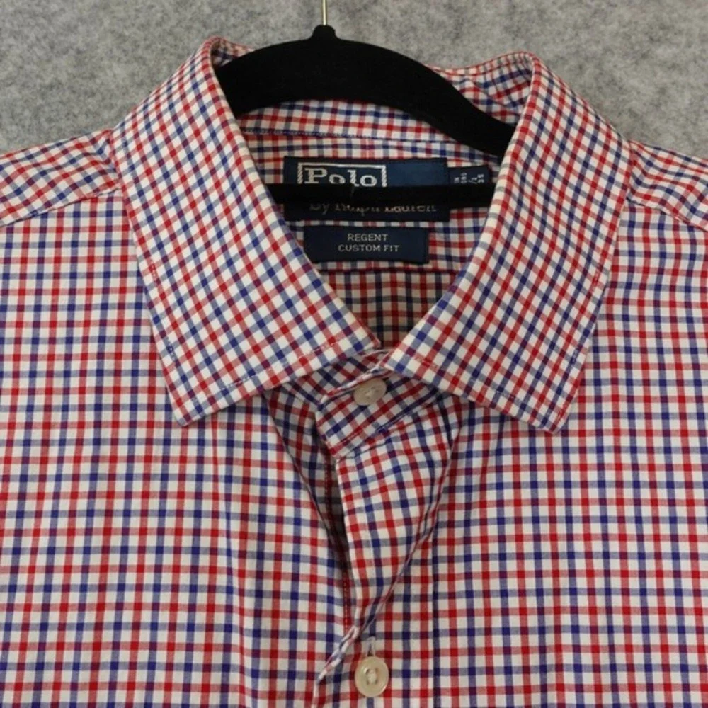 POLO RALPH LAUREN Gingham Shirt Mens 17.5 XL Blue Red Regent Custom Vintage